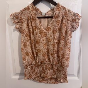 Joie luxe floral ruffle-cap sleeve blouse w/ elastic cinched waist. S. NWT!
